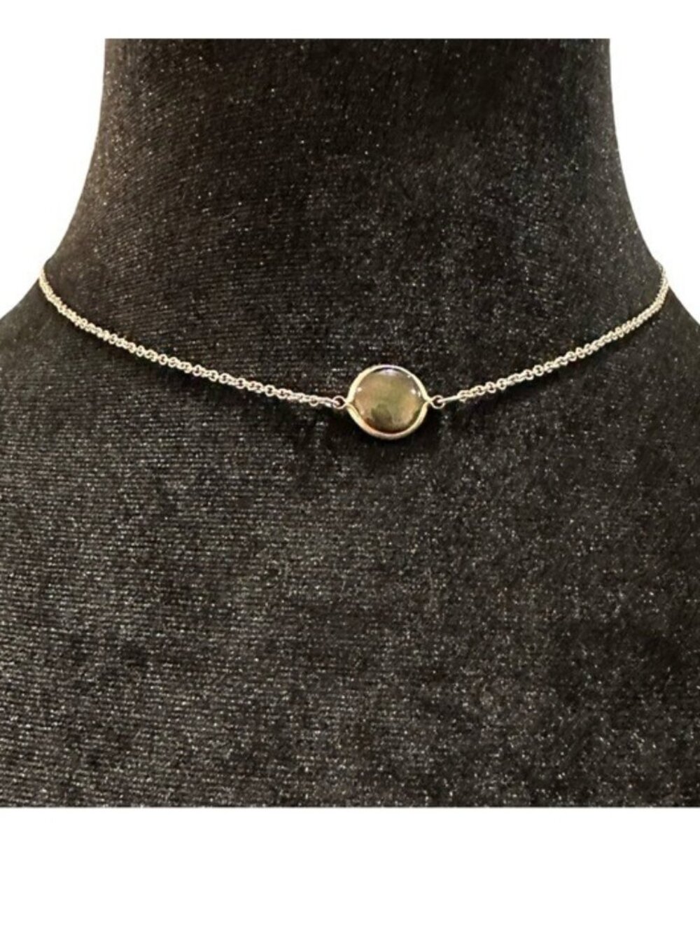 Minimalist Silver Chain Necklace With Iridescent Round Stone Pendant